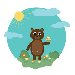 Teddy bear with flowers. Vector illustrations for background, calendar, greeting card, party invitation card, website banner, social media banner, and marketing material.