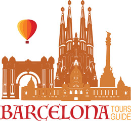 Barcelona, Cute town skyline, colorful city view, baloons and clouds