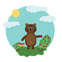 Fototapeta premium Teddy bear with a basket of berries. Vector illustrations for background, calendar, greeting card, party invitation card, website banner, social media banner, and marketing material.