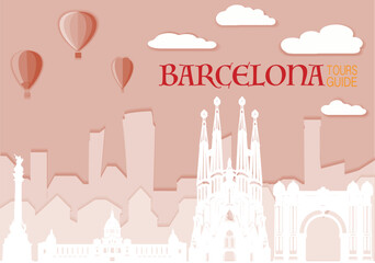 Barcelona, Cute town skyline, colorful city view, baloons and clouds