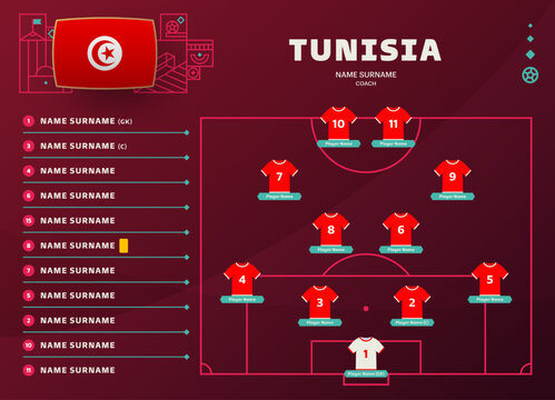 tunisia line-up world Football 2022 qatar, cup tournament final stage vector illustration. Country team lineup table and Team Formation on Football Field. soccer tournament Vector country flags