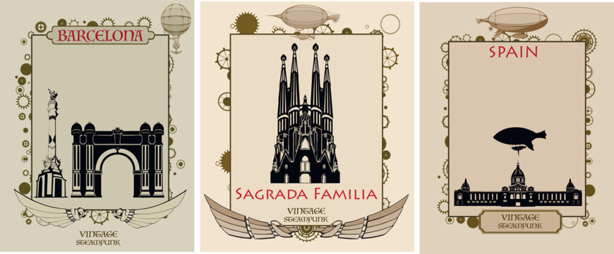 Barcelona, Steampunk vintage postcard,  city view, cogs and gears on a background