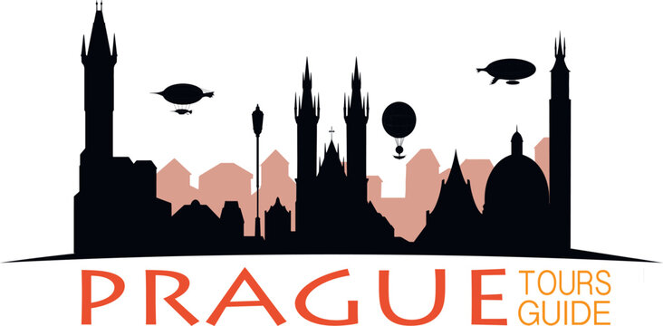 Vector illustration of the Prague city skyline in black and soft salmon silhouettes, featuring Gothic spires, church towers, historic rooftops and domes. Airships and hot air balloon float in the sky