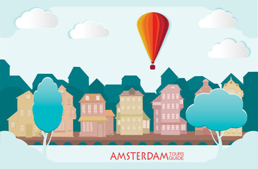 Cute town skyline, colorful city view, baloons and clouds