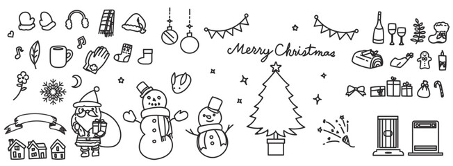 クリスマスの飾りや冬の小物手描きイラストセット（線画）