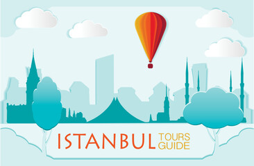 Istanbul, Cute town skyline, colorful city view, baloons and clouds