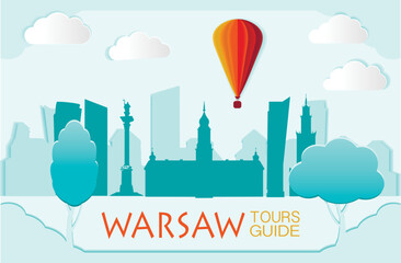 Warsaw, Cute town skyline, colorful city view, baloons and clouds