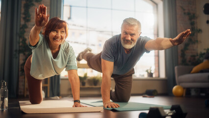 Portrait of a Senior Couple Doing Gymnastics and Yoga Stretching Exercises Together at Home on Sunny Morning. Concept of Healthy Lifestyle, Fitness, Recreation, Couple Goals, Wellbeing and Retirement. - obrazy, fototapety, plakaty