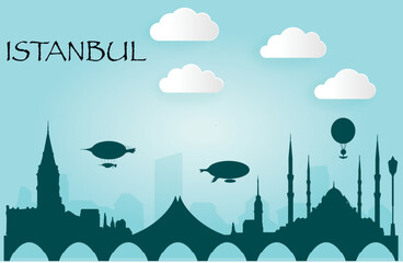 Istanbul, Cute town skyline, colorful city view, baloons and clouds