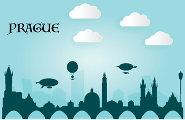 Prague, Cute town skyline, colorful city view, baloons and clouds