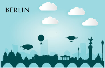Berlin, Cute town skyline, colorful city view, baloons and clouds
