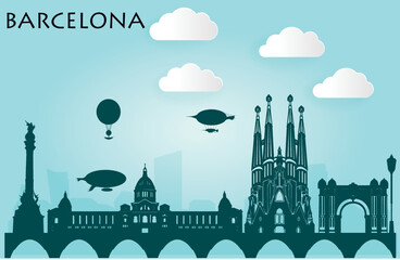 Barcelona, Cute town skyline, colorful city view, baloons and clouds