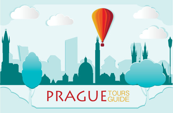 Prague, Cute town skyline, colorful city view, baloons and clouds