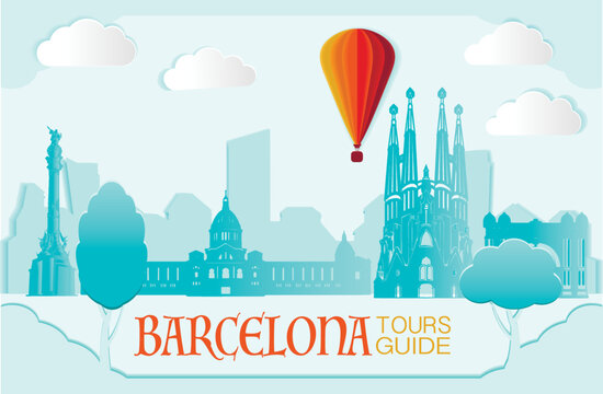Barcelona, Cute town skyline, colorful city view, baloons and clouds