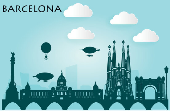 Barcelona, Cute town skyline, colorful city view, baloons and clouds