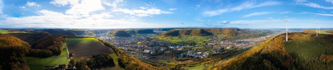 Fototapeta premium Aerial view of Geislingen in front of mountain landscape of Swabian Alb