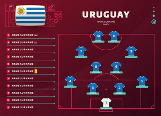 uruguay line-up world Football 2022 qatar, cup tournament final stage vector illustration. Country team lineup table and Team Formation on Football Field. soccer tournament Vector country flags