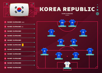 korea republic line-up world Football 2022 qatar, cup tournament final stage vector illustration. Country team lineup table and Team Formation on Football Field. soccer Vector country flags