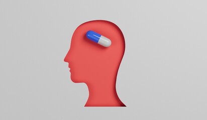 Mental health prescription drugs. Head with drug capsule. Antidepressant medication. 3D Rendering