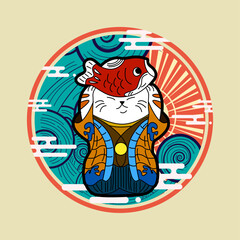 cat illustration with japanese style for kaijune event, notebook, logo
