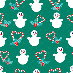 Snowman. Seamless vector pattern with stylized snowmen, mistletoe and heart-shaped candy canes. Winter pattern - 544399263