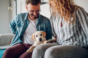 Couple petting their adopted dog while sitting on the couch at home