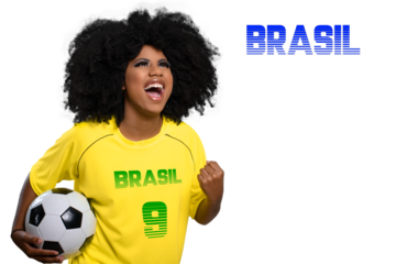 woman holds soccer ball screams celebrating she wears yellow uniform, text Brazil, Portuguese language