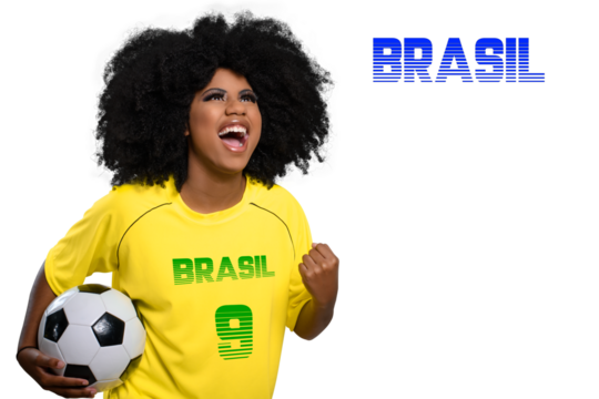 woman holds soccer ball screams celebrating she wears yellow uniform, text Brazil, Portuguese language - Powered by Adobe