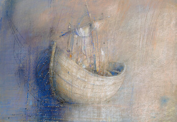 Original pastel drawing of the white sailing boat