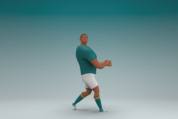 Obraz na płótnie Canvas An athlete wearing a green shirt and white pants. He is pulling or pushing something. 3d rendering of cartoon character in acting.