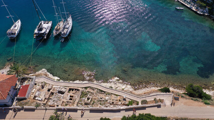 Aerial drone photo of seaside Roman Cemetery of Fiscardo open to public visitors, Kefalonia island,...