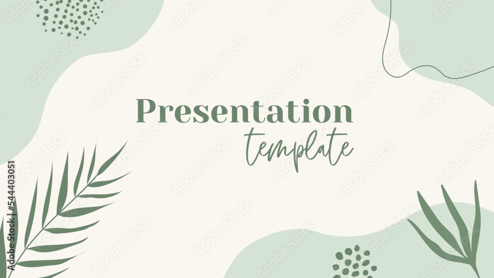 Poster Presentation vector template. Natural floral green background with organic shapes and palm leaf