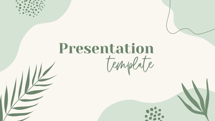 Presentation vector template. Natural floral green background with organic shapes and palm leaf - obrazy, fototapety, plakaty
