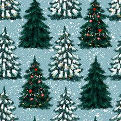 Seamless Christmas background with decorative Christmas trees