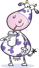Cute cartoon cow drinking a milkshake through a straw isolated on white.