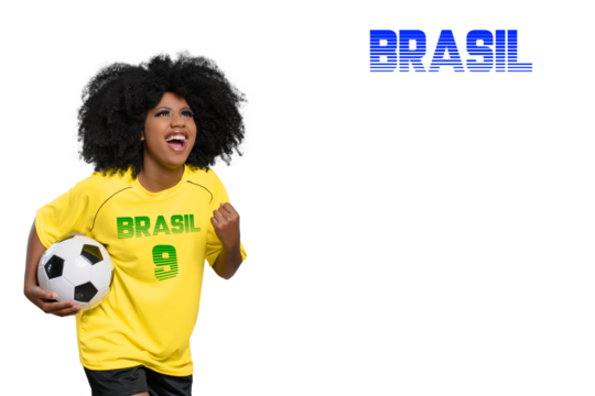 woman wearing a Brazilian national team t-shirt with her hands clenched screams celebrating, text in Portuguese
