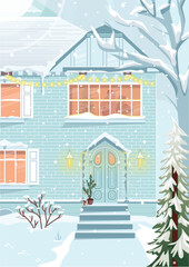 Cozy Christmas card. Decorated house in the forest. New Year holidays. Cute vector illustration.
