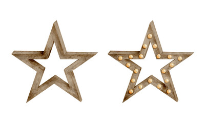 Watercolor wooden star with light bulbs illustration. Hand drawn home wood decoration isolated on white background. Retro sign with lamps for Christmas, wedding, nursery decor