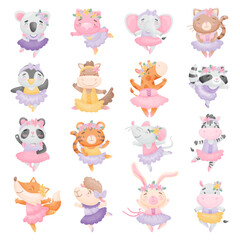 Cute Animal Ballerina in Tutu Skirt and Pointe Shoes Dancing Ballet Big Vector Set