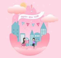 Lady in the city  sen to gift .Christmas card . Merry Christmas and happy new year card design. Christmas Card design © sirinporn