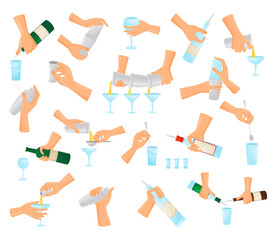 Bartender Hands Pouring and Mixing Cocktails in Glass Big Vector Set