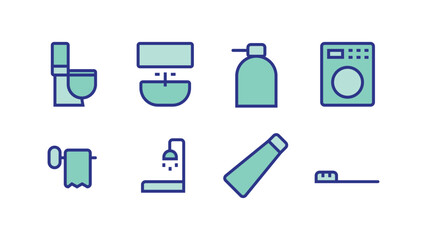 Modern sanitary ware icons set, shower stand, toilet paper icon, shower tray, wash basin, washing machine, toothpaste, toothbrush, soap icons.