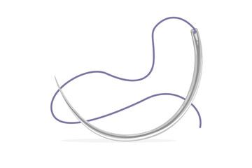 Surgical needle with attached suture material. Cartoon style. Vector illustration isolated on white background.