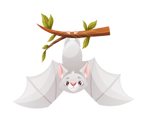 Funny Grey Bat with Cute Snout Hanging Upside Down on Tree Branch Vector Illustration