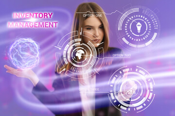 Business, Technology, Internet and network concept. Young businessman working on a virtual screen of the future and sees the inscription: Inventory management