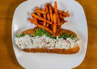 seafood salad sub wtih  sweet potato fries fries  on the side
