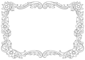 Decorative floral frame in baroque style. Black curling plant.