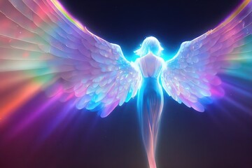 angel with crystal wings, shiny rainbow light