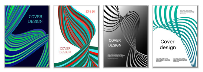 A set of 4 abstract covers. Wavy parallel gradient lines, ribbons evolve. Cover design, background. Trendy banner, poster.