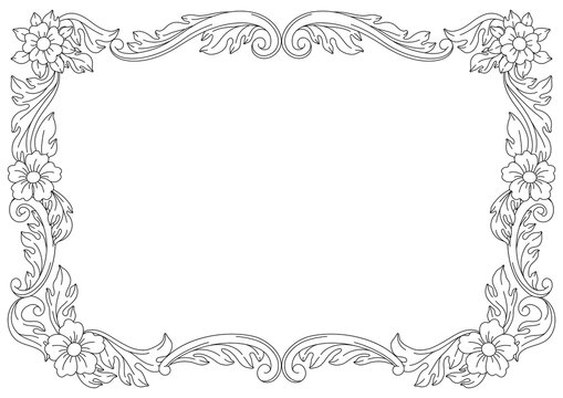 Decorative floral frame in baroque style. Black curling plant.